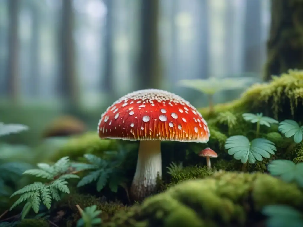 Detalles asombrosos de hongo rojo vibrante con puntos blancos sobre musgo verde en bosque denso