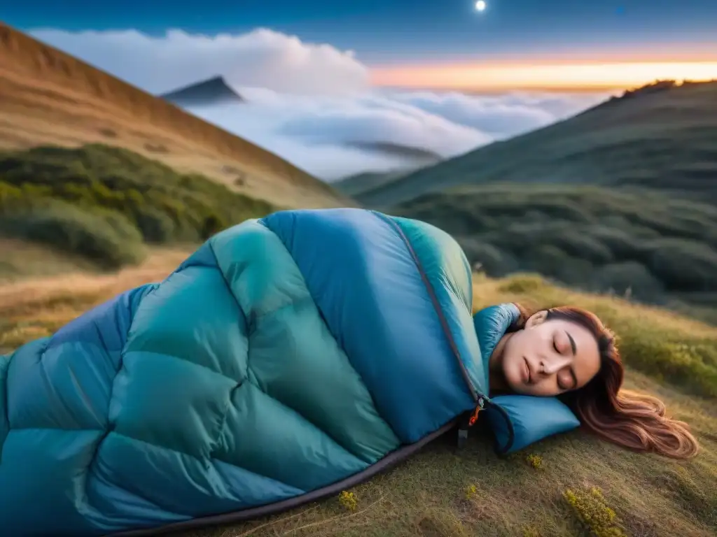 Detalles de una bolsa de dormir de alta calidad siendo cerrada bajo el cielo estrellado en Uruguay, ideal para acampar