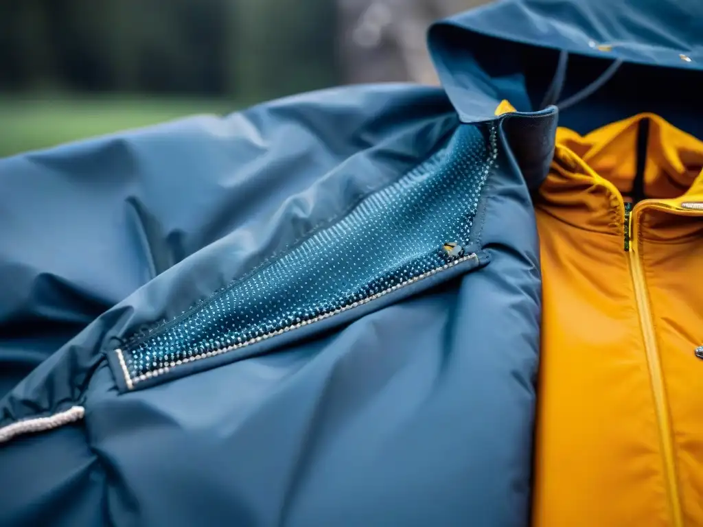 Detalles de costura impermeable en chaqueta de camping resistente a la intemperie