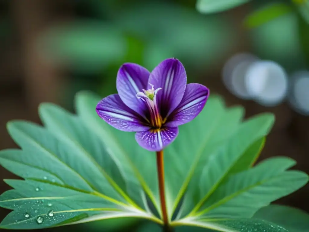 Detalles de una flor silvestre uruguaya en macro, con venas delicadas y gotas de agua, bajo la luz suave del bosque