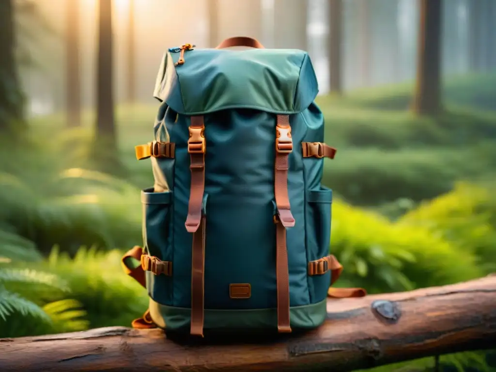 Detalles de mochila técnica calidad superior camping en entorno natural, resalta durabilidad y funcionalidad