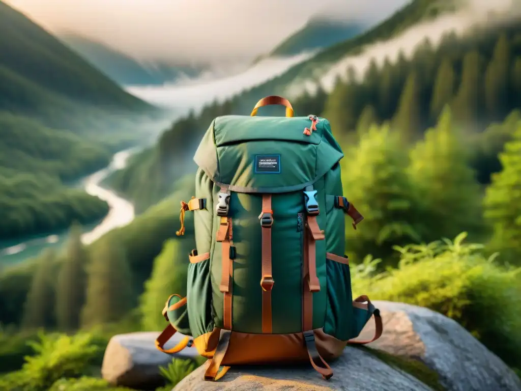 Detalles de una mochila técnica de camping con accesorios en un bosque verde, listos para la aventura