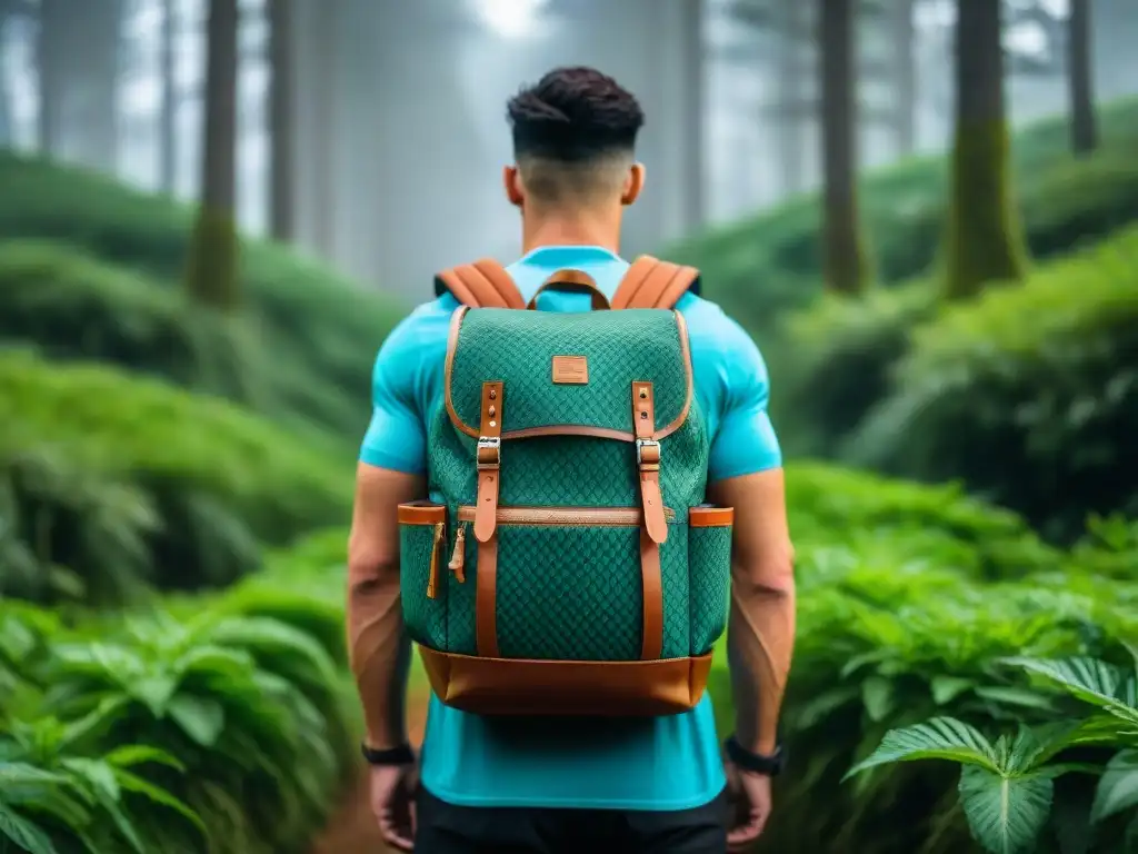 Detalles del tejido de una mochila técnica de alta gama en un bosque, ideal para camping