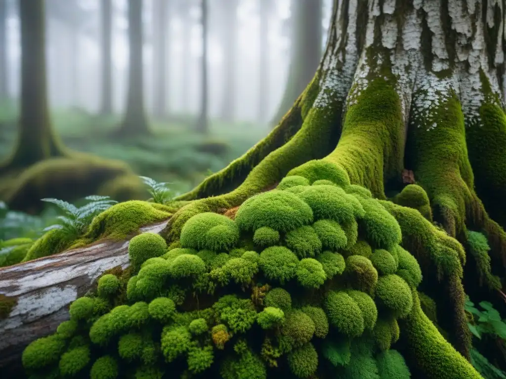 Detalles de un tronco de árbol cubierto de musgo en un bosque denso