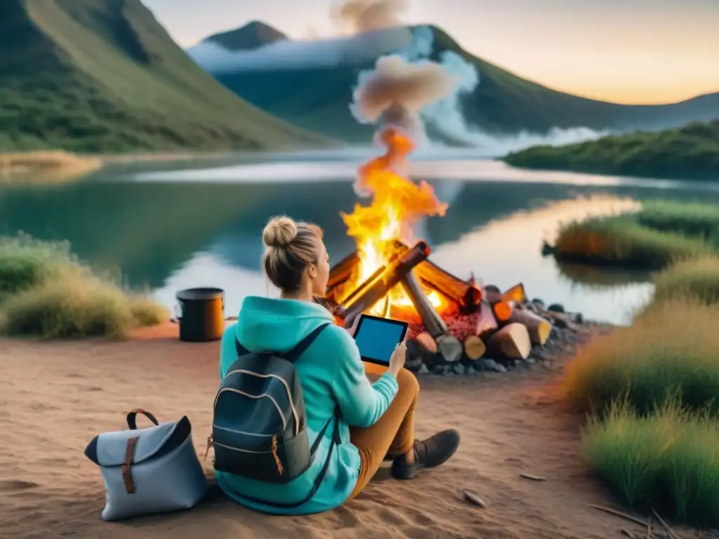 Un digital nomad disfruta de un camping digital en Uruguay, rodeado de naturaleza y tecnología junto a una hoguera acogedora