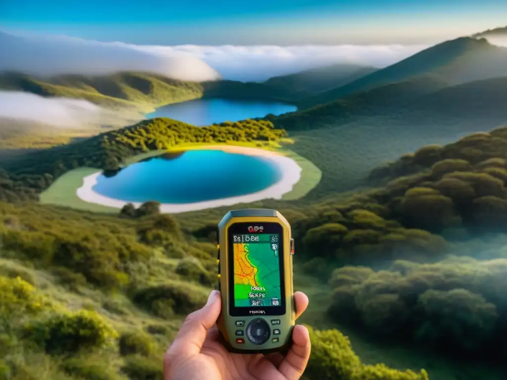 Dispositivo GPS para camping en Uruguay mostrando coordenadas en sendero rodeado de naturaleza salvaje