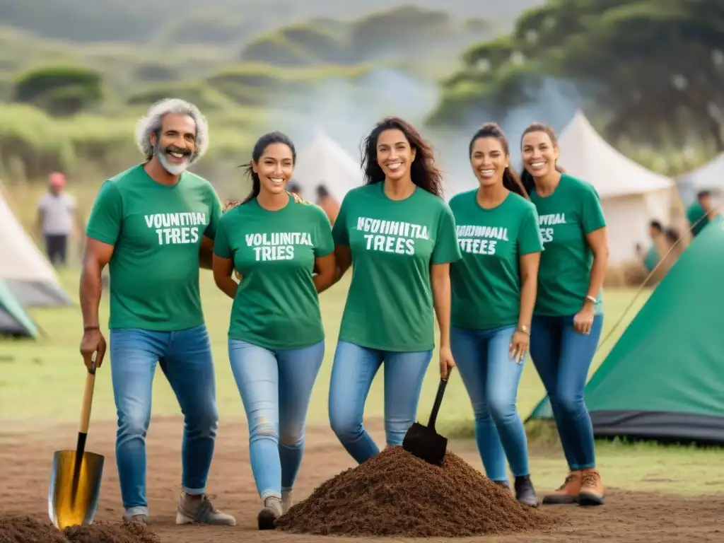 Diversidad y armonía en voluntariado en campamentos uruguayos, plantando árboles bajo el sol