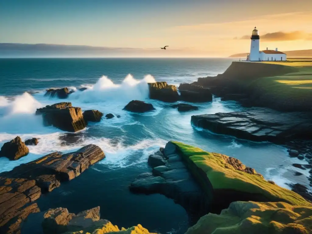 Documentales belleza natural Uruguay: Acantilados escarpados, olas y un ave solitaria en vuelo al atardecer sobre el mar