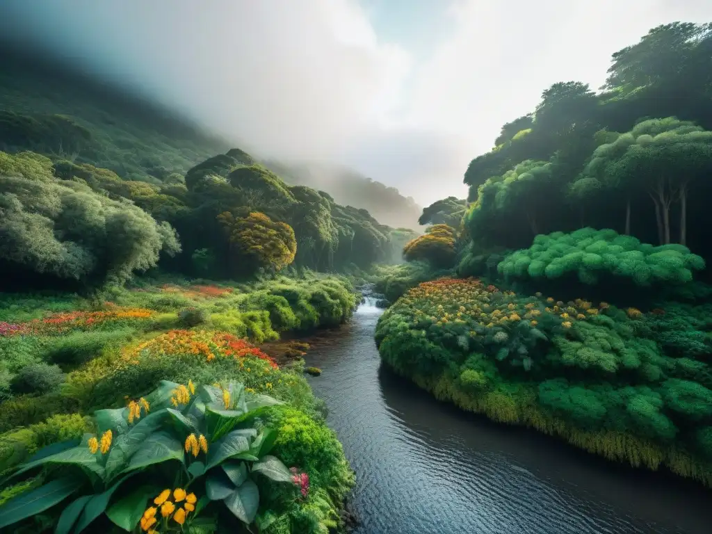 Documentales belleza natural Uruguay: Un exuberante bosque verde en Uruguay, con flora y fauna nativa, luces y sombras, aves y flores vibrantes