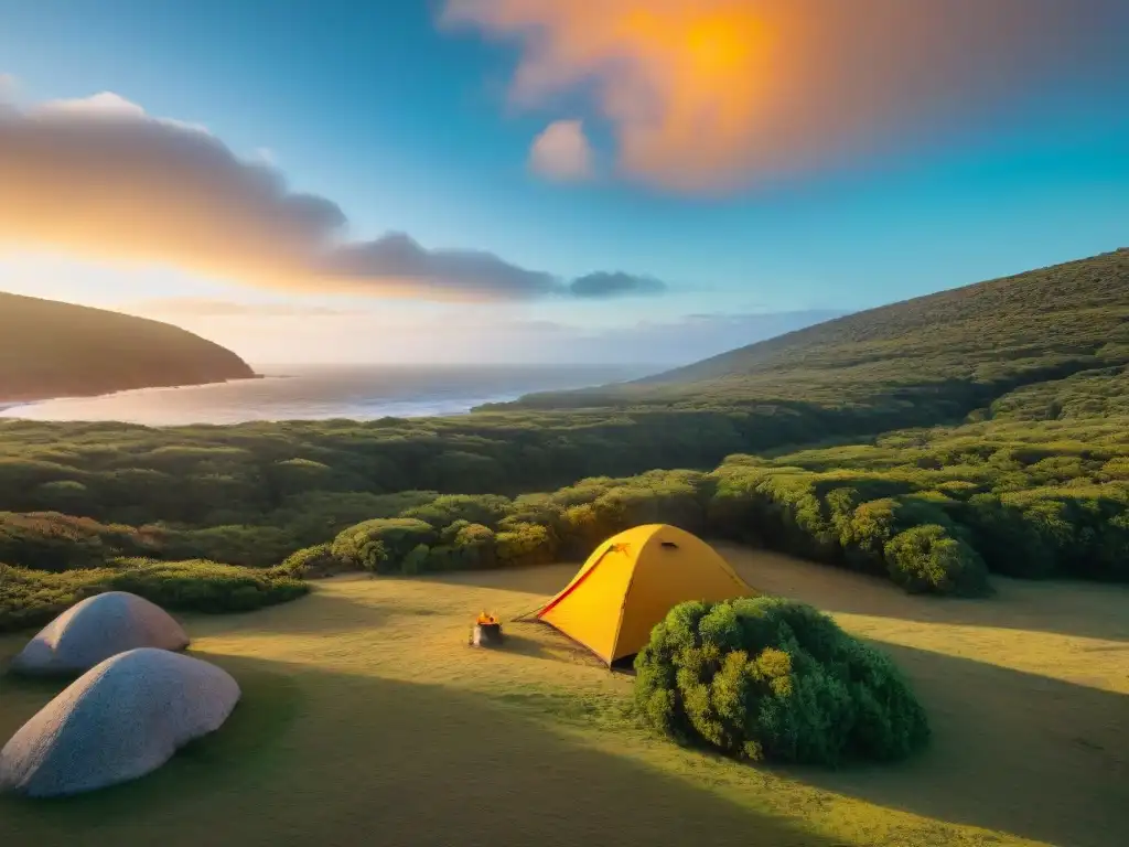 Amanecer dorado sobre un campamento en el Parque Nacional Cabo Polonio, Uruguay