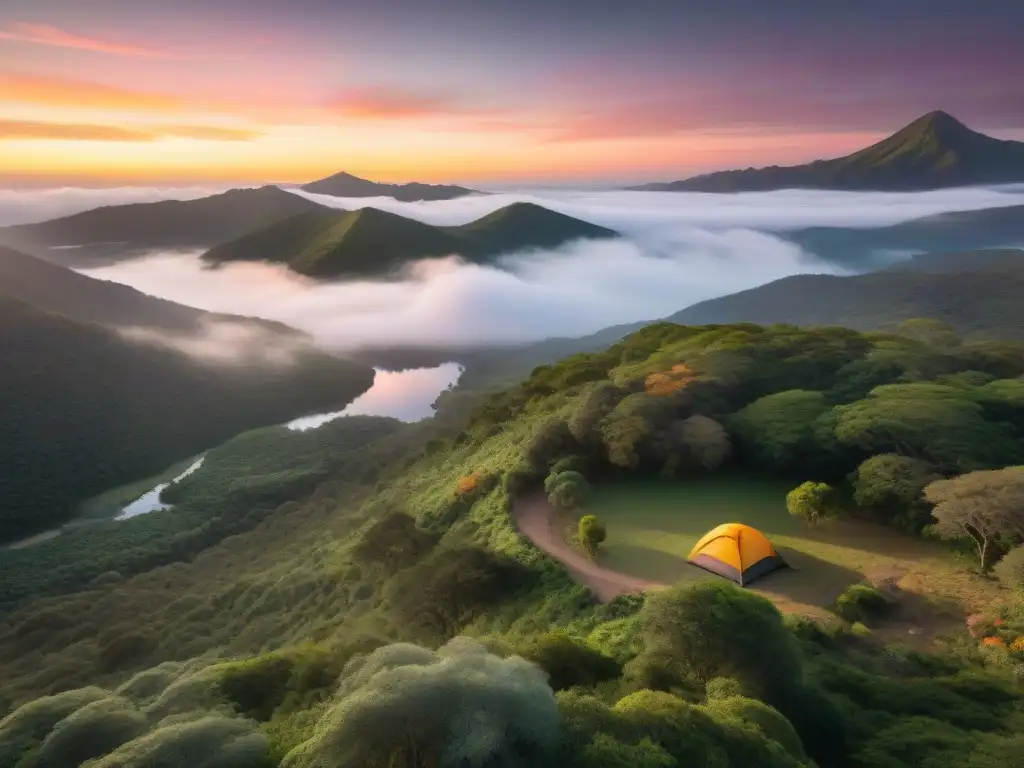 Anochecer dorado en Cerro Verde, campamento en la naturaleza de Uruguay, reflejando la serenidad del entorno