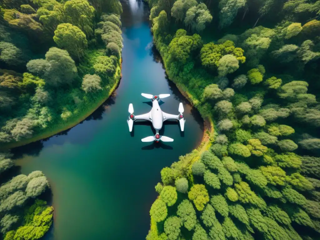 Un dron de alta tecnología sobrevolando bosques verdes en Uruguay