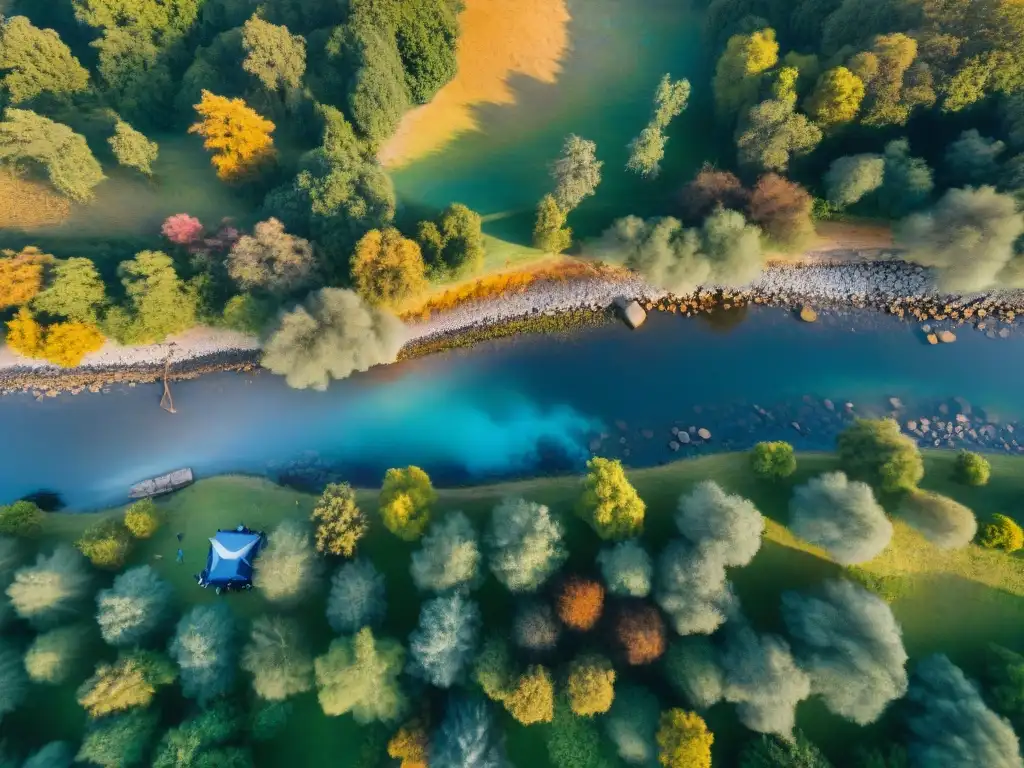 Un drone compacto sobrevuela un camping en Uruguay al atardecer, capturando la belleza de la naturaleza