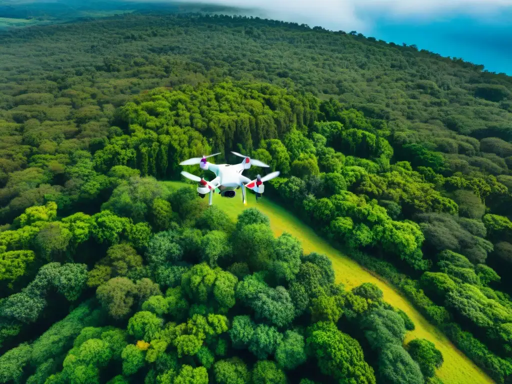 Drone sobrevolando un exuberante bosque en Uruguay, capturando la belleza natural