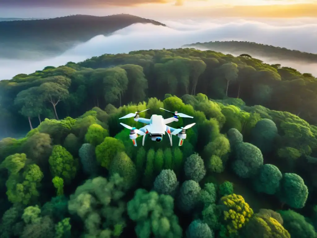 Un drone protegido en condiciones extremas captura majestuoso atardecer sobre bosques verdes en Uruguay