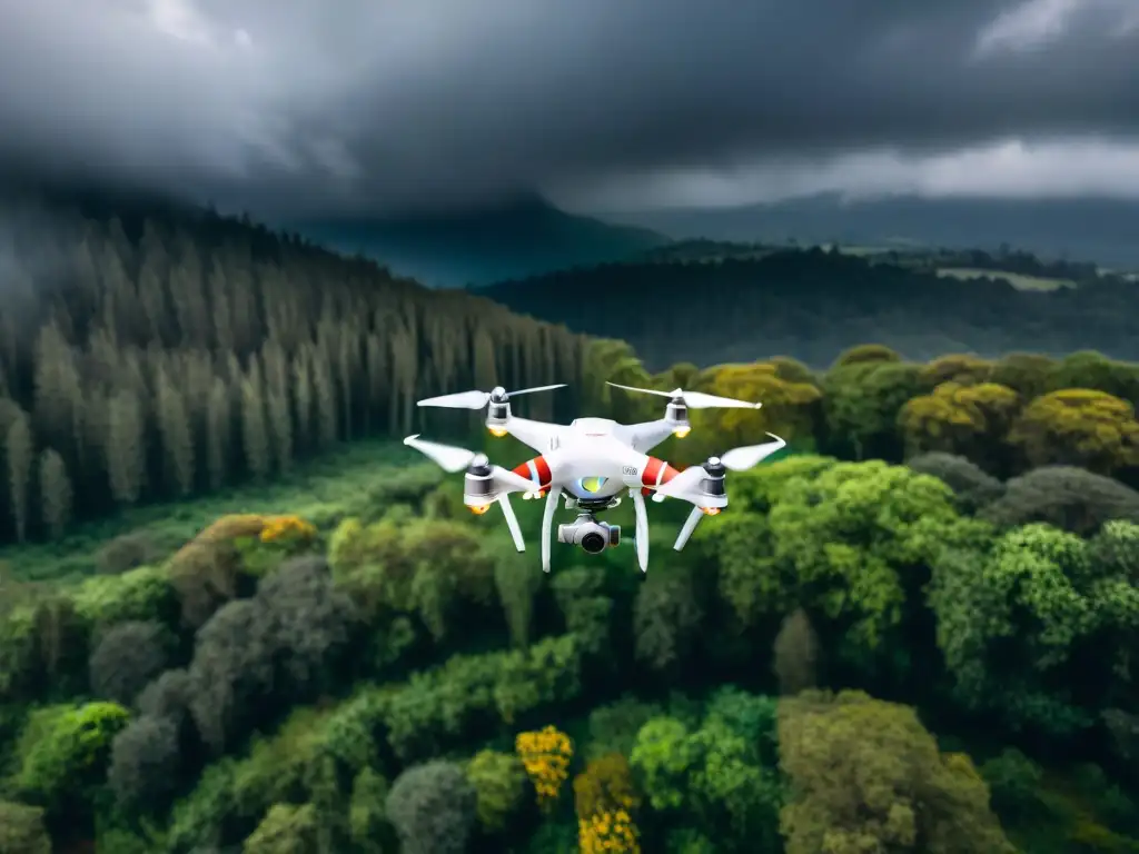 Drone protegido en condiciones extremas sobrevolando bosque verde en Uruguay