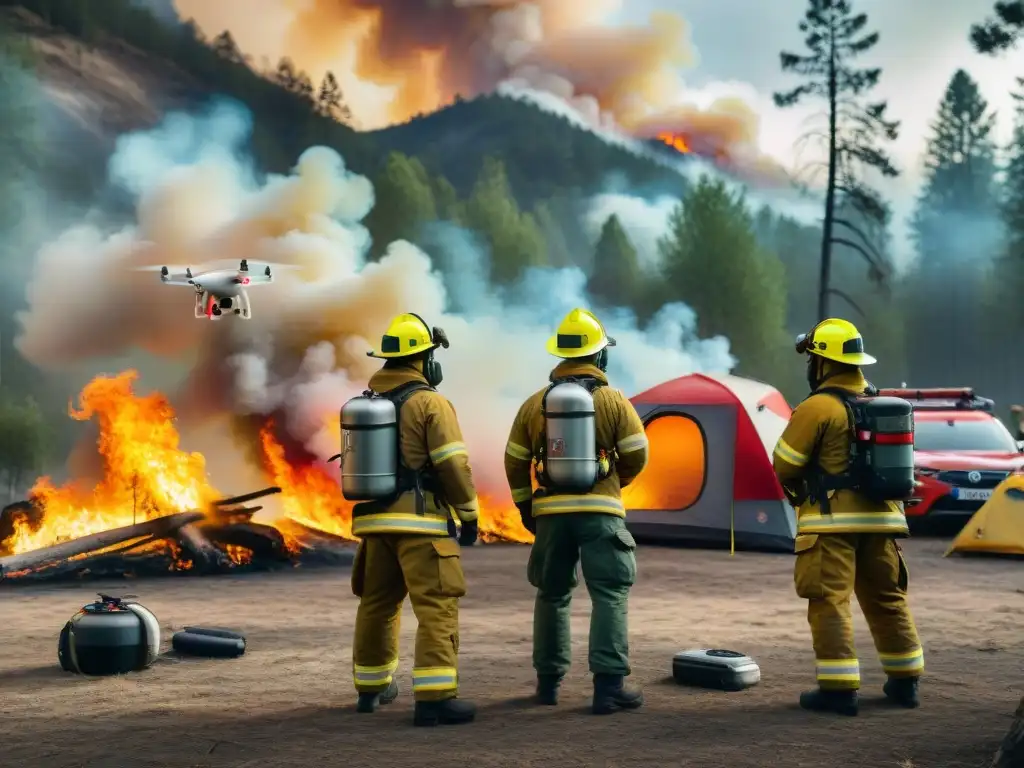 Brave firefighters using drones equipped with thermal cameras to prevent wildfires in a camping area