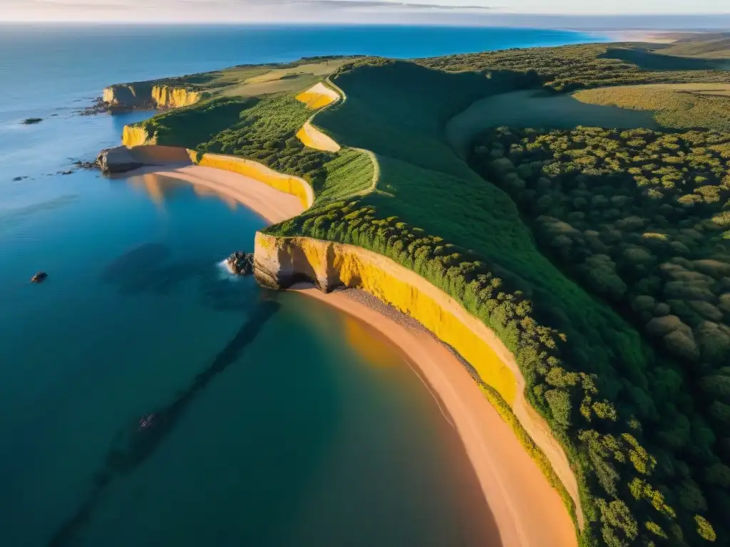 Drones explorando la costa de Uruguay al atardecer, reflejando la belleza dorada del paisaje