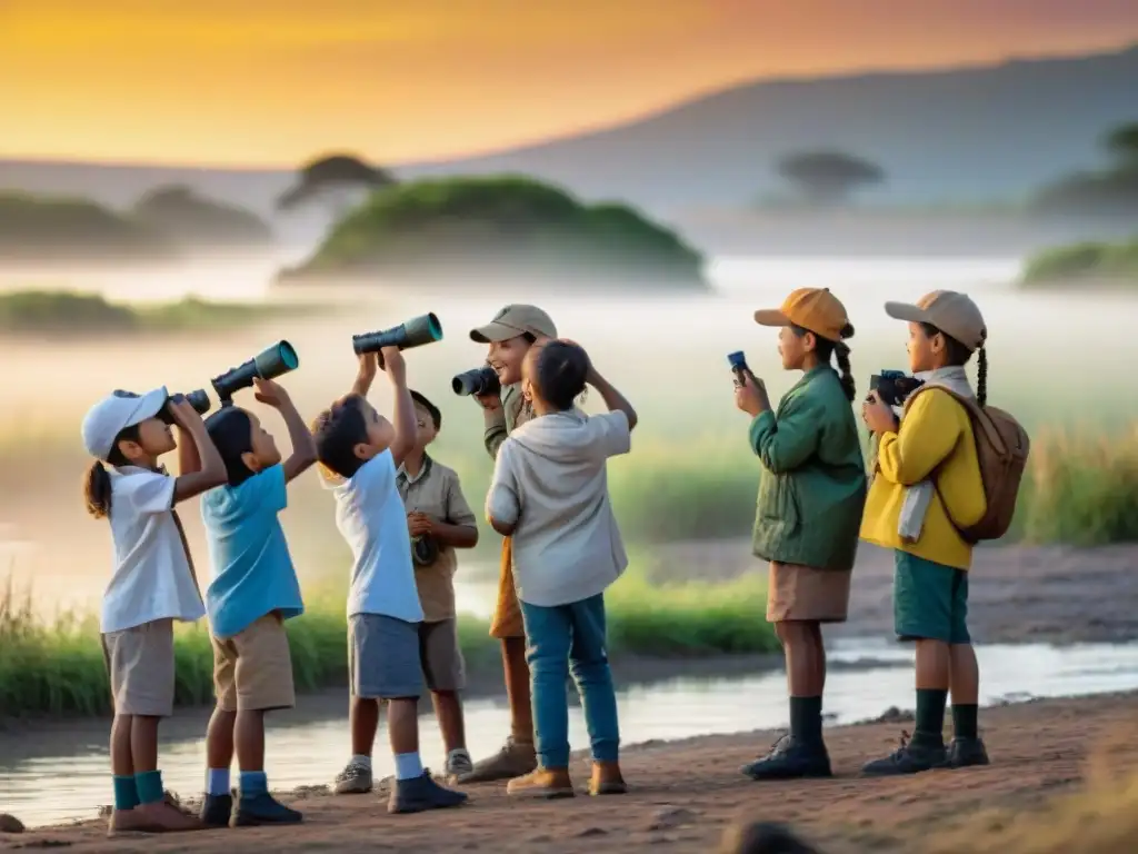 Emocionante encuentro de fauna local en Uruguay: niños observan capibaras con guía experto al atardecer, aves coloridas vuelan sobre ellos