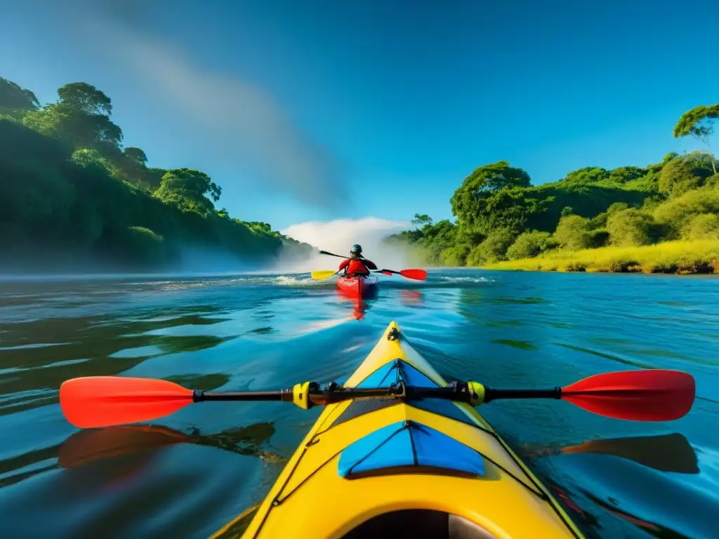 Un emocionante viaje en kayak por el Río Negro en Uruguay, rodeado de naturaleza exuberante y cielo azul vibrante