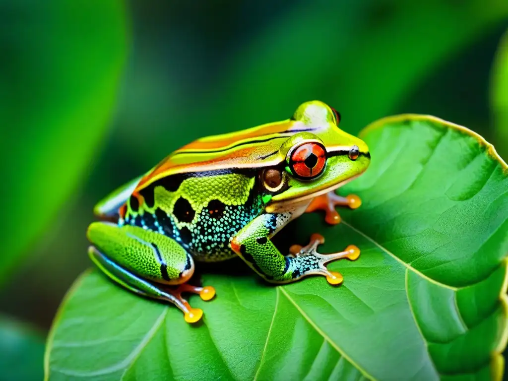 Encuentro seguro con fauna local: Detalle de rana ojos rojos en hoja verde vibrante de la selva amazónica