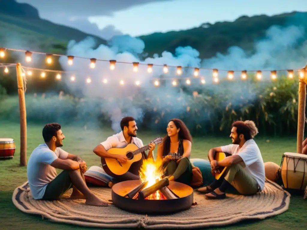 Encuentros musicales en camping Uruguay: Campistas alrededor de fogata, tocando instrumentos y cantando bajo luces y árboles verdes al atardecer