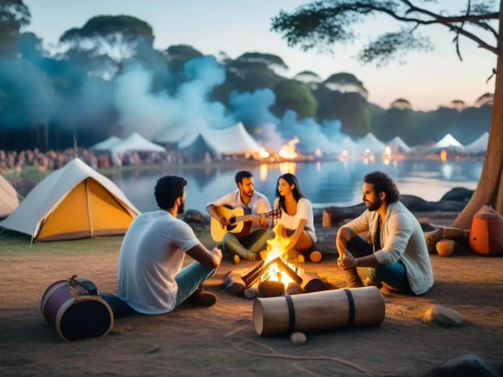 Encuentros musicales camping Uruguay: Grupo variado junto a fogata en bosque, tocando instrumentos