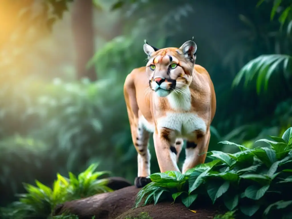 Encuentros vida silvestre Uruguay: Majestuoso Puma en la selva, músculos poderosos y pelaje dorado brillando bajo la luz del sol