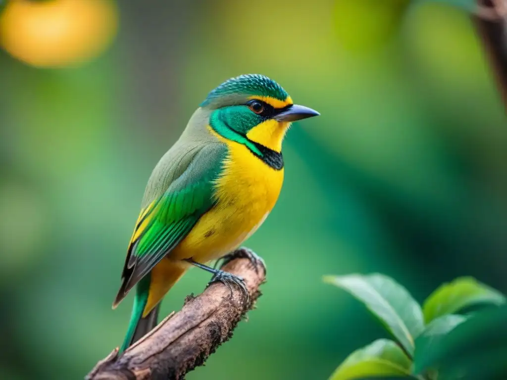 Encuentros vida silvestre Uruguay: Detalle de un pájaro verde y amarillo en un bosque exuberante de Uruguay