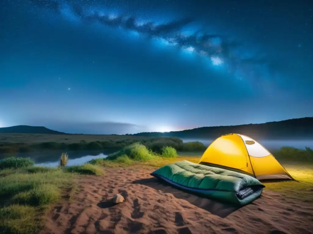 Épica escena de camping en Uruguay de noche con las mejores bolsas de dormir, bajo un cielo estrellado