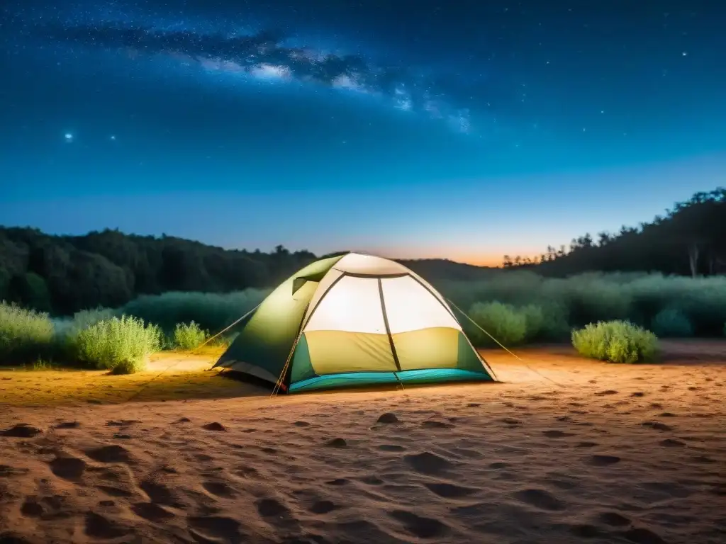 Equipamiento camping Uruguay imprescindible: Campamento nocturno iluminado por linterna en la naturaleza