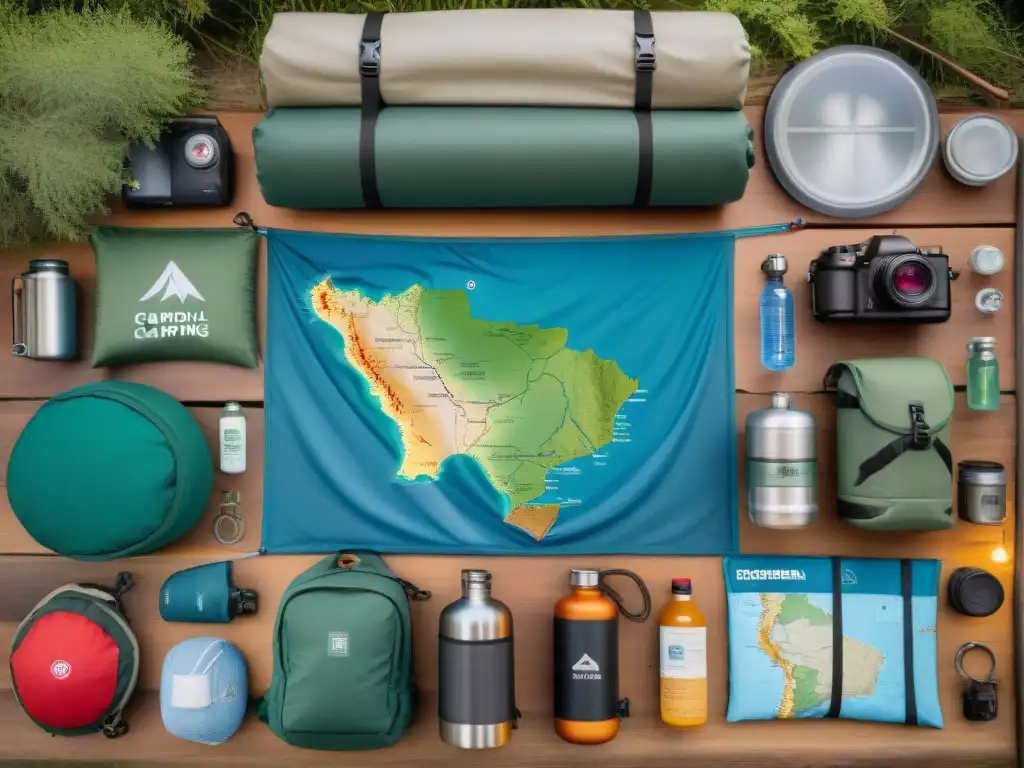 Equipamiento camping Uruguay imprescindible en mesa rústica con luz natural y ambiente de aventura al aire libre