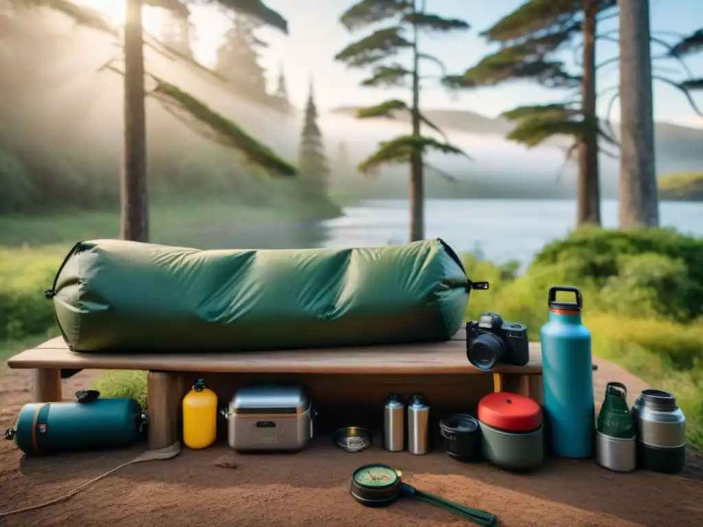 Equipamiento esencial para acampar en Uruguay: todo listo en una mesa de madera bajo el cálido sol del bosque