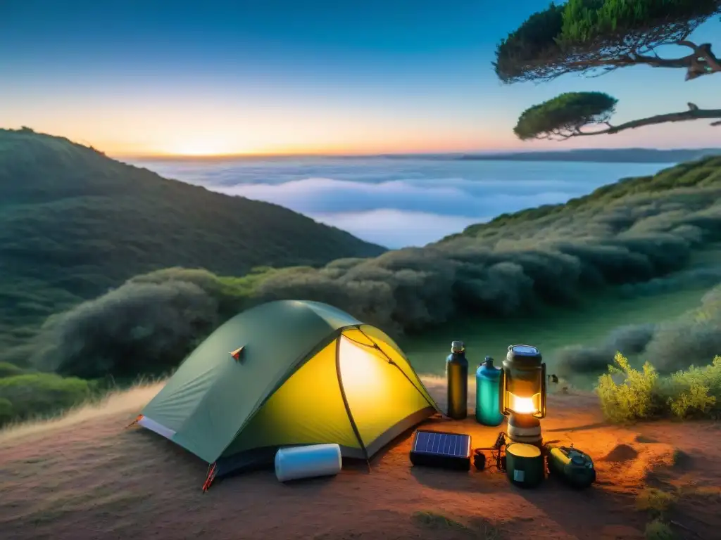 Un equipo de camping de alta tecnología organizado en una mochila, en un campamento en Uruguay bajo estrellas brillantes