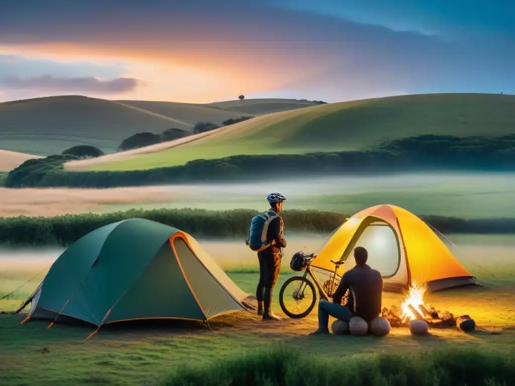 Equipo de camping y ciclismo en Uruguay: Campamento sereno en colinas con ciclistas alrededor de fogata bajo estrellado cielo