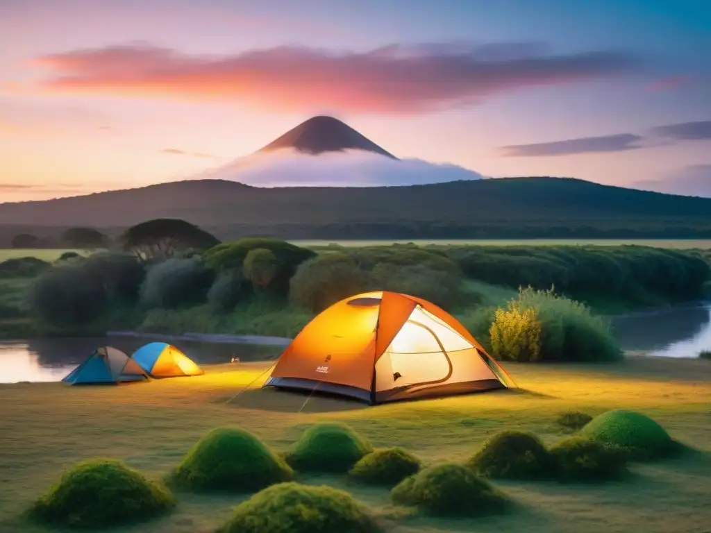 El equipo de camping imprescindible en Uruguay: una tienda acogedora iluminada al atardecer junto a un río tranquilo y vegetación exuberante