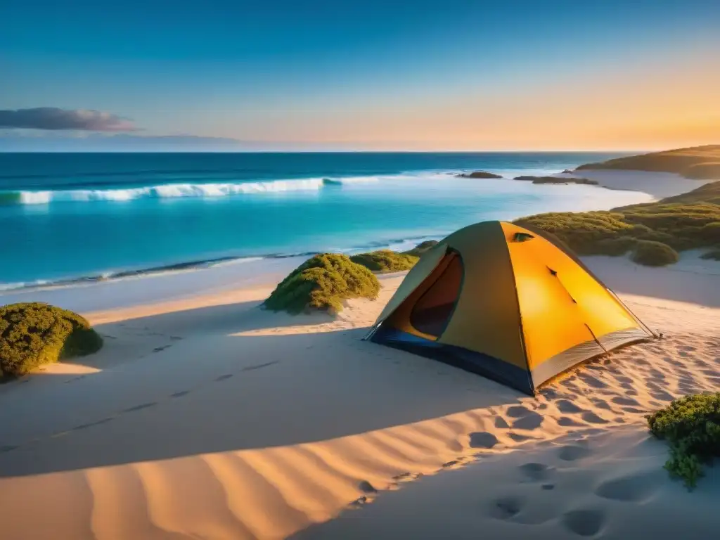 Equipo de camping para playas de Uruguay: Escena idílica con atardecer cálido, tienda, sacos de dormir y sillas de playa