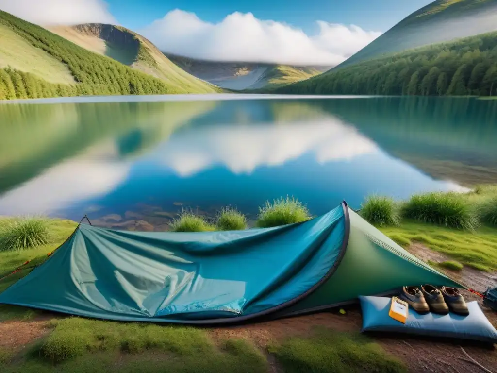 Equipo de camping protegido por fundas impermeables en entorno natural con lago y árboles