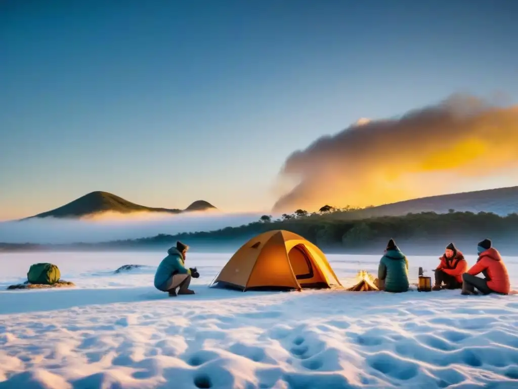 Equipo campismo invierno Uruguay: Campamento invernal en la nieve, campistas armando una tienda al atardecer con fogata