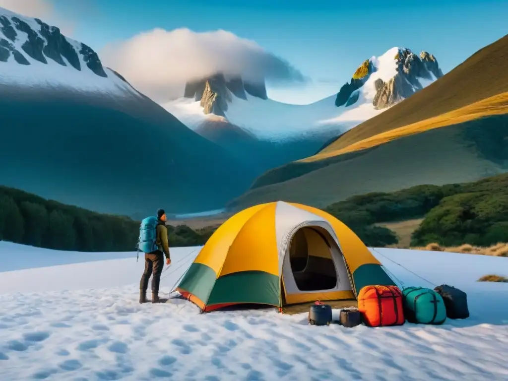 Equipo campismo invierno Uruguay: Campamento invernal en las montañas nevadas, campistas preparados rodeados de equipo de camping