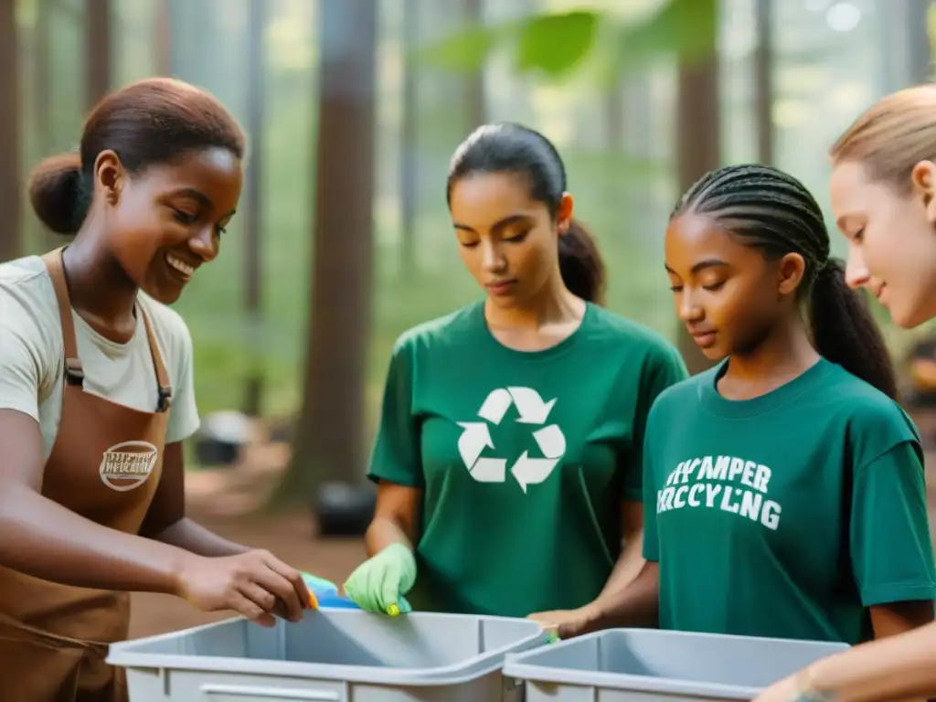 Un equipo de campistas clasifica con cuidado los reciclables en un campamento, unidos en su misión