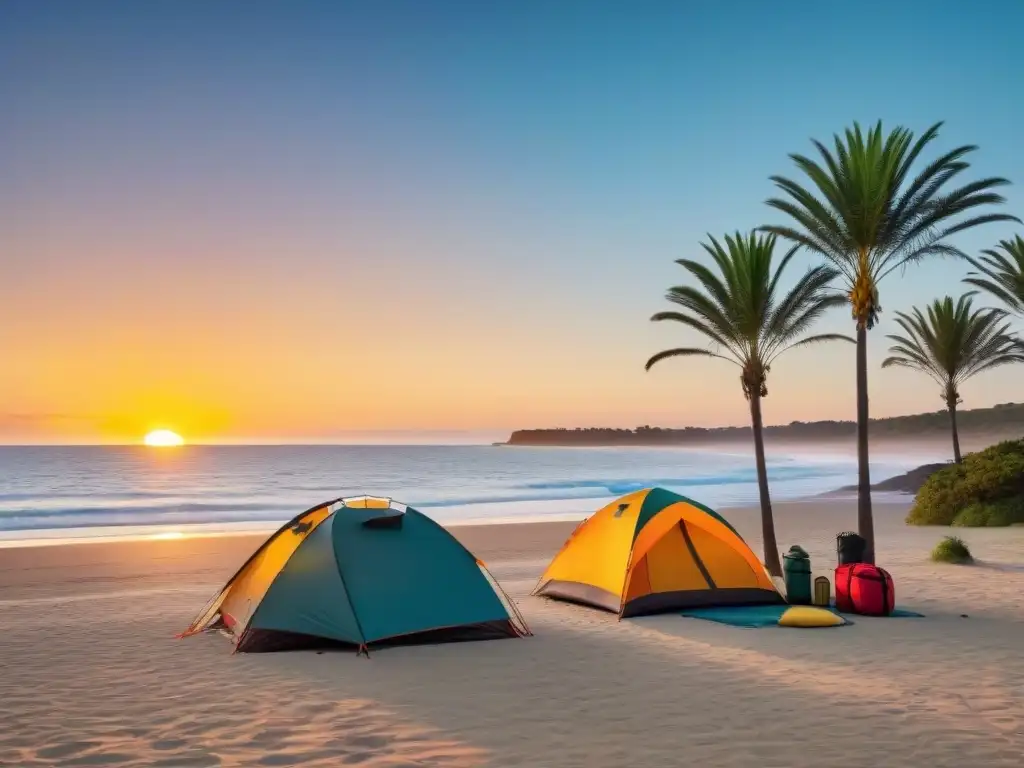 Equipo completo de camping en la playa al atardecer en Uruguay