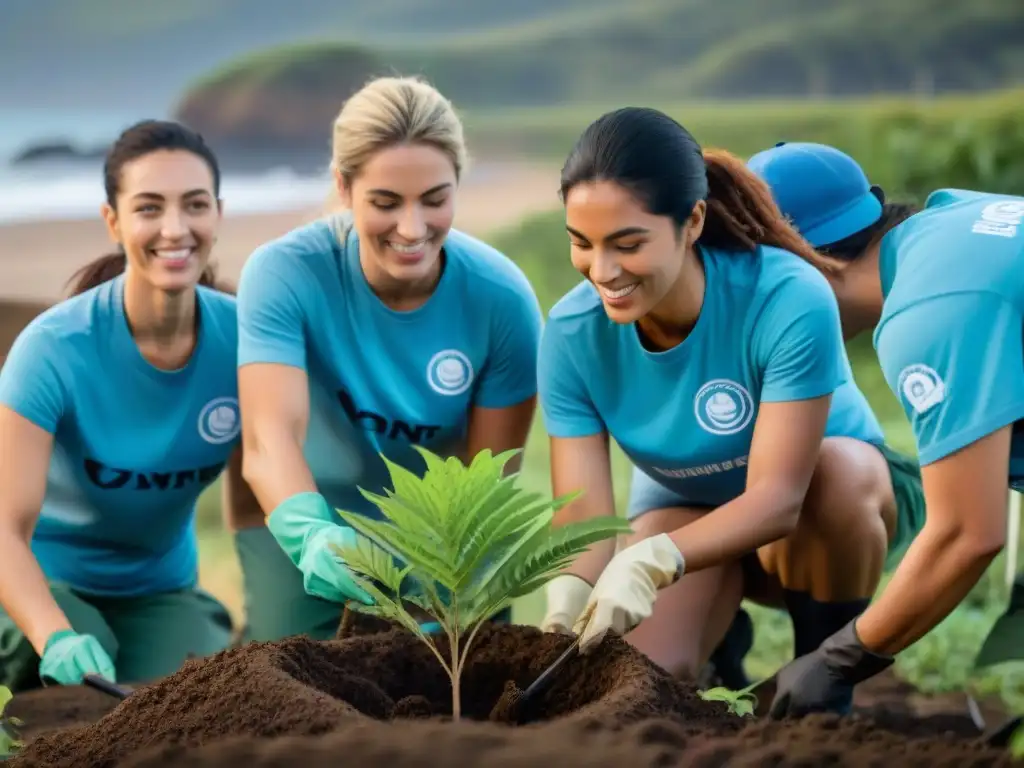 Equipo diverso de voluntarios ambientales en campamento Uruguay plantando árboles y limpiando playa