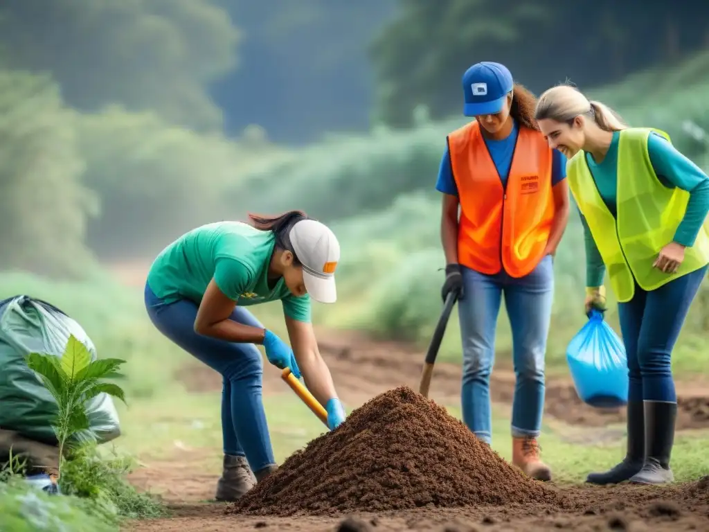 Un equipo diverso de voluntarios en acción en un campamento ambiental en Uruguay