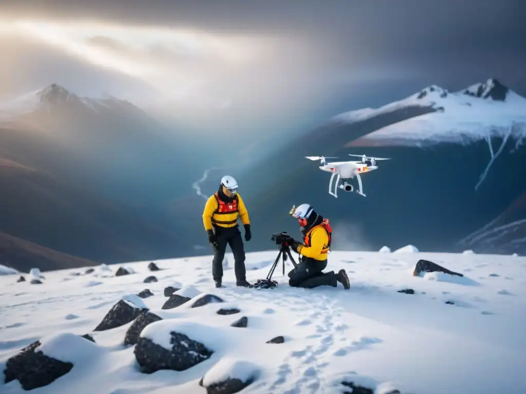 Equipo de drones protegido en condiciones extremas de la montaña nevada durante tormenta