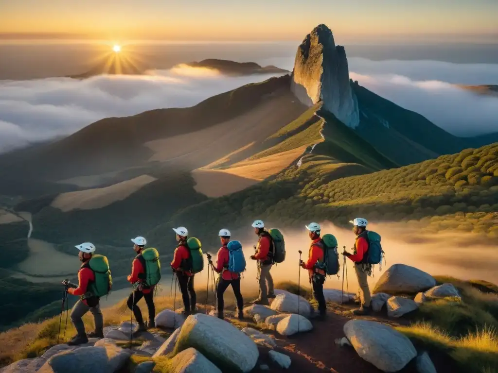 Equipo de escalada para camping desafiando los acantilados de Cerro Largo al atardecer