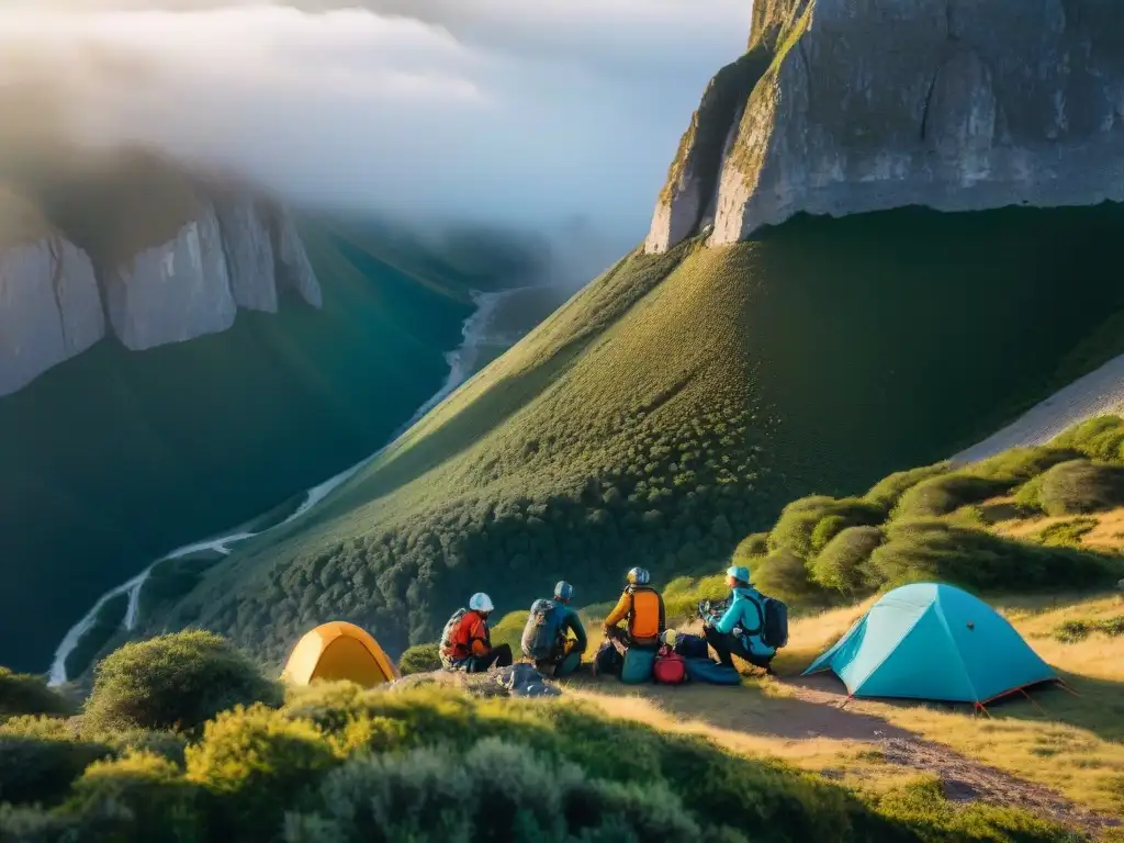 Equipo de escalada para camping: Experimentados escaladores preparando el campamento base al pie de un acantilado en Uruguay