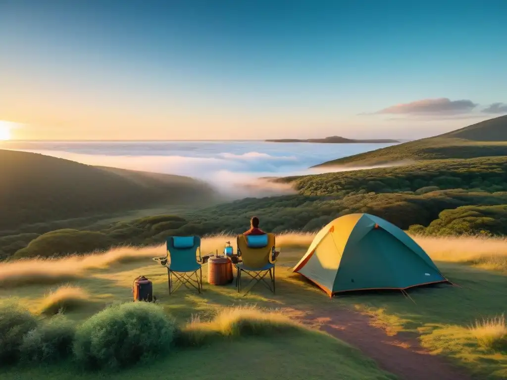 Equipo esencial camping familia Uruguay: Familia monta campamento al atardecer en la naturaleza uruguaya