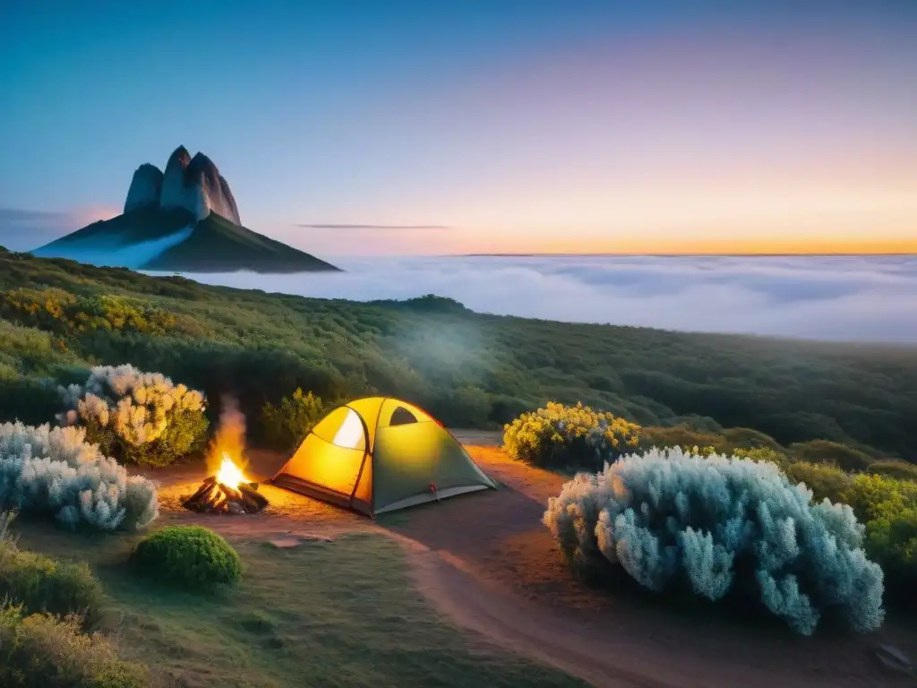 Equipo esencial camping Uruguay: Campamento acogedor al anochecer, con tienda iluminada y fogata brillante en paisaje uruguayo