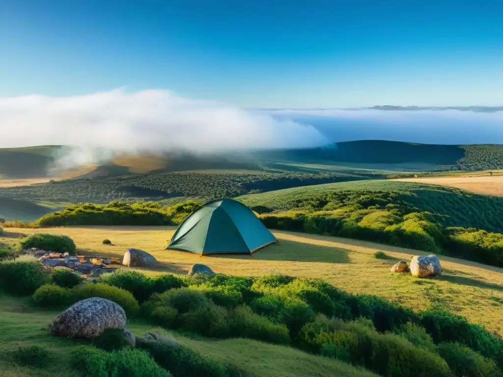 Equipo esencial de camping en Uruguay: vista panorámica de paisajes vastos y agrestes, con vegetación exuberante y un cielo azul claro